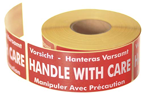 500 "HANDLE WITH CARE" Tratar con Cuidado en Inglés, Alemán, Francés y Sueco. Label Planet® Rollo de Etiquetas de Embalaje.