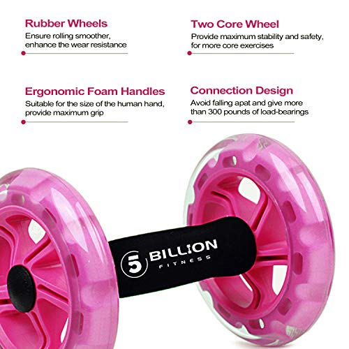 5BILLION AB Wheel Roller & Rueda Abdominal - Double AB Wheel - Entrenamiento para Abs, Espalda, Brazos, Hombros, Torso, Caderas - Libre Cojín del Arrodillamiento (Rosado)