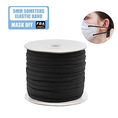 【5mm 50m】Negro Plano Cuerda Elastica, AirabcCordón elástico de costura DIY, Cintas elásticas para Costura Y Manualidades DIY Cordon, Cordón goma para Elástico de Cuerda Tela para Coser Ropa