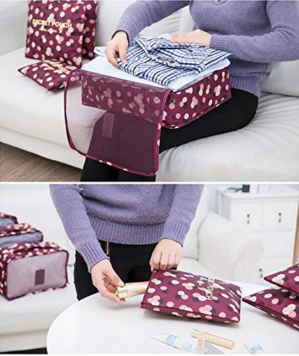 6 Set de Organizador de Equipaje, Impermeable Organizador de Maleta Bolsa para Ropa Sucia de Viaje, Material Nylon（Wine Flower）