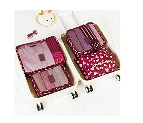 6 Set de Organizador de Equipaje, Impermeable Organizador de Maleta Bolsa para Ropa Sucia de Viaje, Material Nylon（Wine Flower）