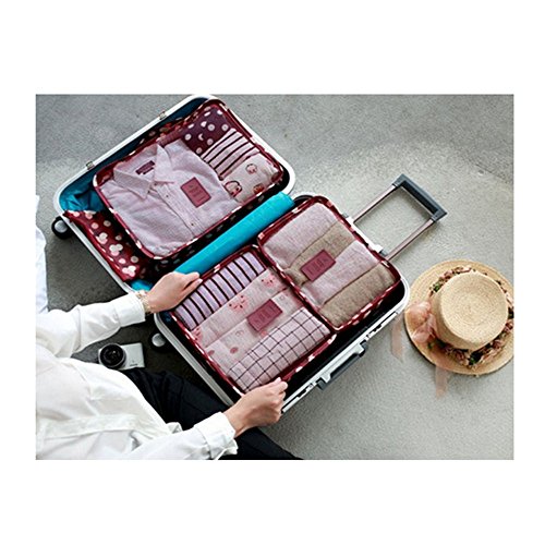 6 Set de Organizador de Equipaje, Impermeable Organizador de Maleta Bolsa para Ropa Sucia de Viaje, Material Nylon（Wine Flower）