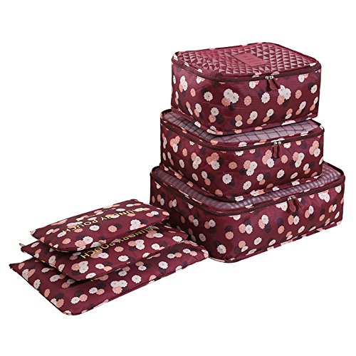 6 Set de Organizador de Equipaje, Impermeable Organizador de Maleta Bolsa para Ropa Sucia de Viaje, Material Nylon（Wine Flower）