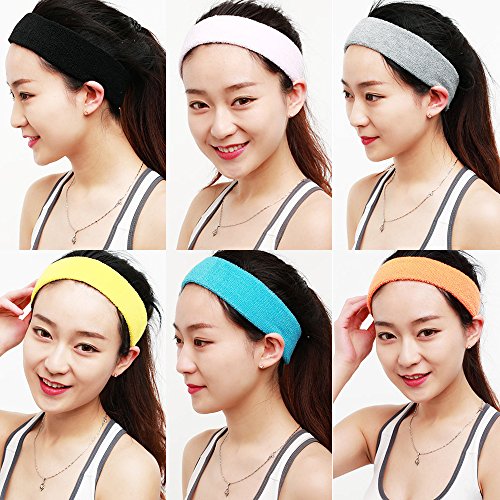 (6Pcs Headband) - Sweatband Sports Headband for Men & Women Moisture Wicking Athletic Cotton Terry Cloth Sweatband for Tennis, Basketball, Running, Gym, Working Out