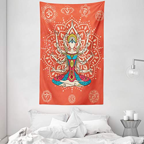 ABAKUHAUS Yoga Tapiz de Pared y Cubrecama Suave, Técnica de Yoga Vestimenta Étnica Disciplina Zen Tu Cuerpo y Mente Estampa, Resistente a la Suciedad, 140 x 230 cm, Crema