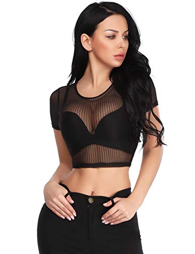 Abollria Camiseta Transparente para Mujer Lace Top Corto Blusa de Malla Manga Corta Sexy Top de Encaje de Cuello Redondo para Primavera Verano