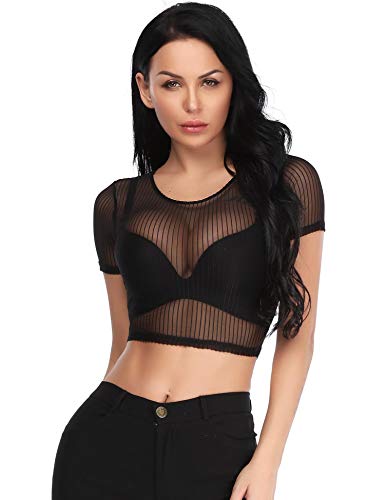 Abollria Camiseta Transparente para Mujer Lace Top Corto Blusa de Malla Manga Corta Sexy Top de Encaje de Cuello Redondo para Primavera Verano