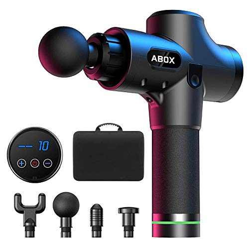 ABOX Pistola de Masaje Muscular, Masajeador de Músculos de Tejido Profundo con 20 Niveles Ajustables, 4 Cabezas de Masaje y Pantalla LCD, Ultra Silenciosos para Relajación Recuperación Fatiga ABOX Pistola de Masaje Muscular, Masajeador de Músculos de Tejido Profundo con 20 Niveles Ajustables, 4 Cabezas de Masaje y Pantalla LCD, Ultra Silenciosos para Relajación Recuperación Fatiga