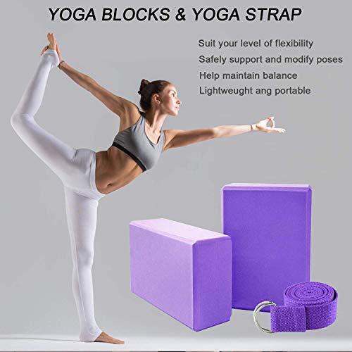 Abree 2pcs Bloques de Yoga+Correa - Bloque de Espuma EVA de Alta Densidad para Hacer Ejercicios en Casa-Set de Yoga para Mejorar Fuerza y Flexibilidad Yoga/Pilates Amantes (Violeta)