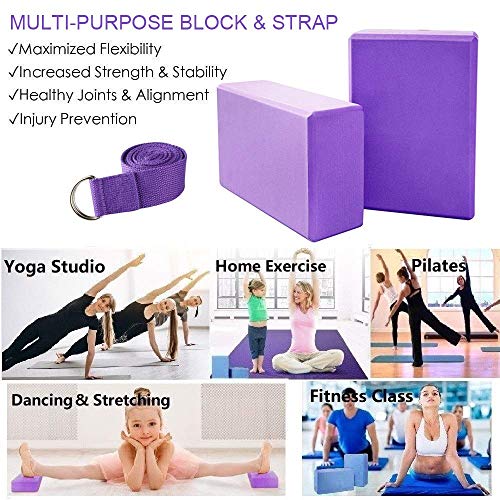 Abree 2pcs Bloques de Yoga+Correa - Bloque de Espuma EVA de Alta Densidad para Hacer Ejercicios en Casa-Set de Yoga para Mejorar Fuerza y Flexibilidad Yoga/Pilates Amantes (Violeta)