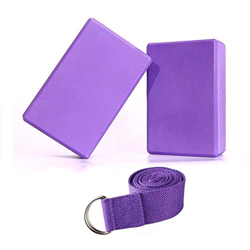 Abree 2pcs Bloques de Yoga+Correa - Bloque de Espuma EVA de Alta Densidad para Hacer Ejercicios en Casa-Set de Yoga para Mejorar Fuerza y Flexibilidad Yoga/Pilates Amantes (Violeta)