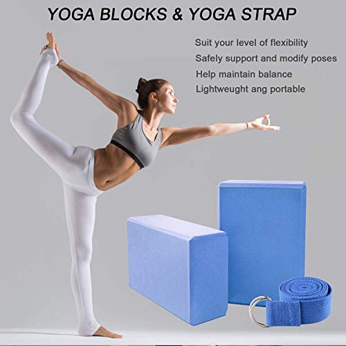Abree 2pcs Bloques de Yoga+Correa - Bloque de Espuma EVA de Alta Densidad para Hacer Ejercicios en Casa-Set de Yoga para Mejorar Fuerza y Flexibilidad Yoga/Pilates Amantes (Azul)