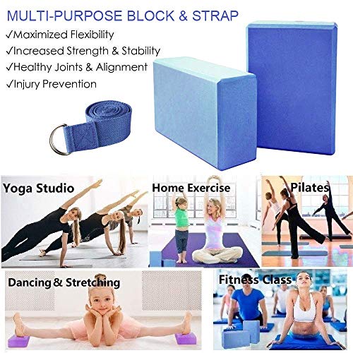 Abree 2pcs Bloques de Yoga+Correa - Bloque de Espuma EVA de Alta Densidad para Hacer Ejercicios en Casa-Set de Yoga para Mejorar Fuerza y Flexibilidad Yoga/Pilates Amantes (Azul)