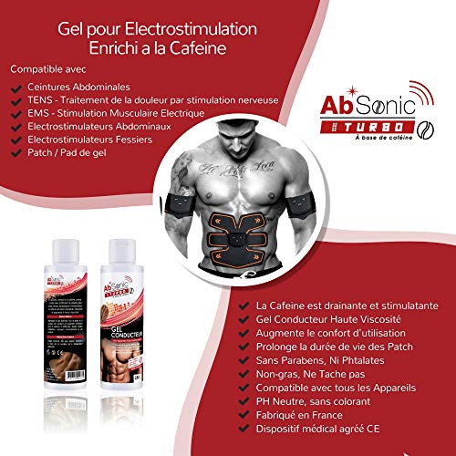 AbSonic Turbo con cafeína - Gel Conductor para cinturón Abdominal, electrodos, TENS, EMS y electroestimulación, 2 Unidades de 250 ml