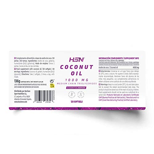 Aceite de Coco de HSN | 1000 mg Coconut Oil | Ácidos Grasos de Cadena Media (MCT's) + Acelera el Metabolismo + Energía Natural + Para Perder Peso | Sin Gluten, Sin Lactosa, 120 perlas