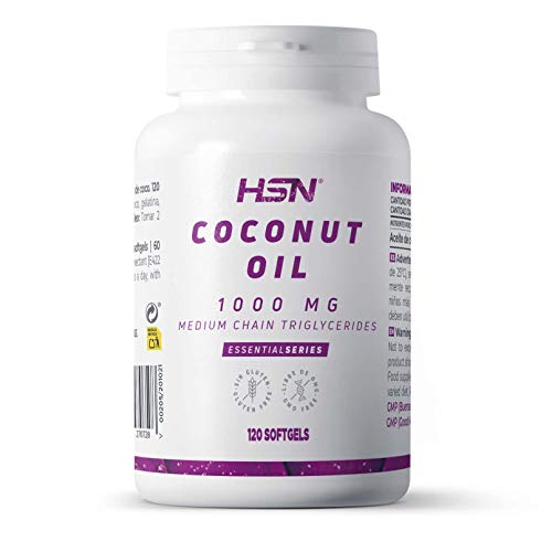 Aceite de Coco de HSN | 1000 mg Coconut Oil | Ácidos Grasos de Cadena Media (MCT's) + Acelera el Metabolismo + Energía Natural + Para Perder Peso | Sin Gluten, Sin Lactosa, 120 perlas