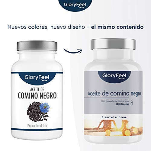 Aceite de Comino Negro (Nigella sativa) 1000mg - 420 Cápsulas - Original de Egipto - Prensado al frío 80% ácidos grasos insaturados y vitamina E - Producción probada en laboratorio alemán