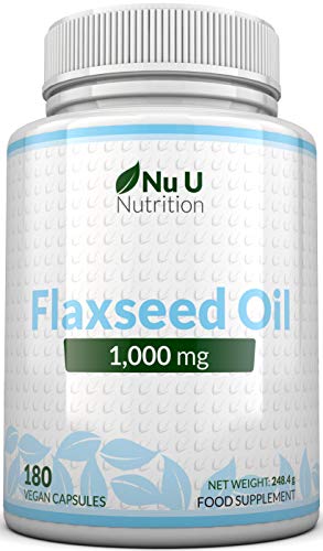 Aceite de Linaza Vegano 1000 mg | 180 Cápsulas Blandas Veganas Prensadas ​​en Frío - Suministro para 3 Meses | Rico en Omega 3, 6 y 9 | Fabricado en el Reino Unido por Nu U Nutrition