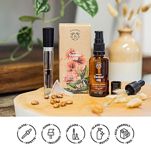 ACEITE DE RICINO ORGÁNICO | 100% Puro, Natural y Prensado en Frío | Pestañas, Cejas, Cuerpo, Cabello, Barba, Uñas | Vegan Castor Oil | Botella de Vidrio + Pipeta + Bomba + Kit de Rímel (50ml)