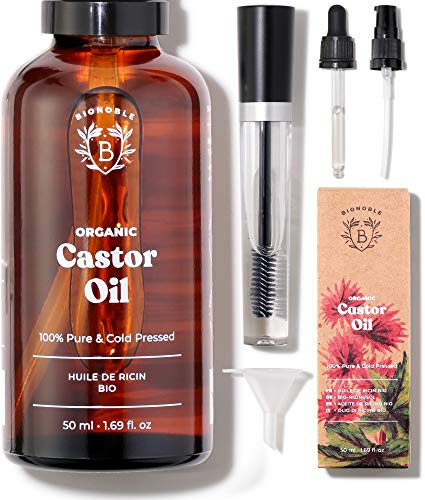 ACEITE DE RICINO ORGÁNICO | 100% Puro, Natural y Prensado en Frío | Pestañas, Cejas, Cuerpo, Cabello, Barba, Uñas | Vegan Castor Oil | Botella de Vidrio + Pipeta + Bomba + Kit de Rímel (50ml)