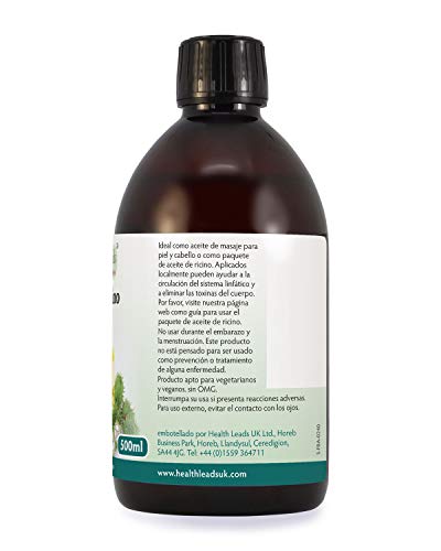 Aceite de ricino prensado en frío y orgánico, Puro y natural, Sin OGMs, No contiene hexano ni disolventes, Vegano, Para un cabello sano, barba, pestañas y cejas y todo tipo de pieles (500ml)