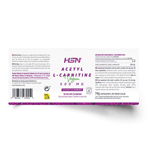 Acetil L Carnitina de HSN | 500mg | ALCAR: Producción de Energía + Perder Peso + Función Cognitiva (Nootrópico) | Vegano, Sin Gluten, Sin Lactosa, 120 Cápsulas Vegetales