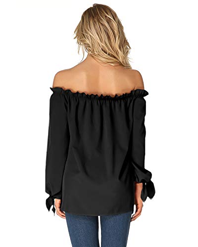 ACHIOOWA Mujer Camiseta Manga Larga Sexy Hombros Descubiertos Otoño Blusa Elegante Casual Top Shirt 814413-Negro S