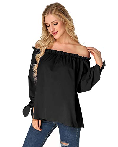 ACHIOOWA Mujer Camiseta Manga Larga Sexy Hombros Descubiertos Otoño Blusa Elegante Casual Top Shirt 814413-Negro S