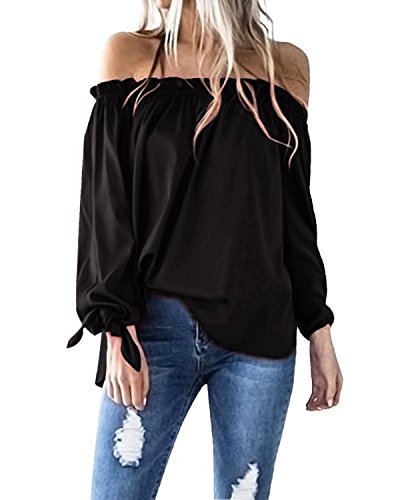 ACHIOOWA Mujer Camiseta Manga Larga Sexy Hombros Descubiertos Otoño Blusa Elegante Casual Top Shirt 814413-Negro S