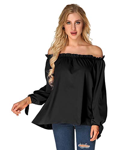 ACHIOOWA Mujer Camiseta Manga Larga Sexy Hombros Descubiertos Otoño Blusa Elegante Casual Top Shirt 814413-Negro S