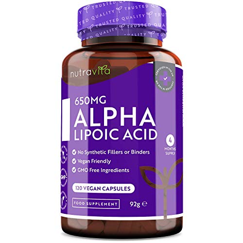 Ácido alfa lipoico 650 mg – 120 cápsulas de alta potencia para veganos – 100% naturales, sin agentes aglutinantes ni rellenos sintéticos – Suministro para 4 meses – Elaborado por Nutravita