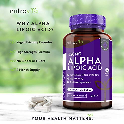 Ácido alfa lipoico 650 mg – 120 cápsulas de alta potencia para veganos – 100% naturales, sin agentes aglutinantes ni rellenos sintéticos – Suministro para 4 meses – Elaborado por Nutravita Ácido alfa lipoico 650 mg – 120 cápsulas de alta potencia para veganos – 100% naturales, sin agentes aglutinantes ni rellenos sintéticos – Suministro para 4 meses – Elaborado por Nutravita