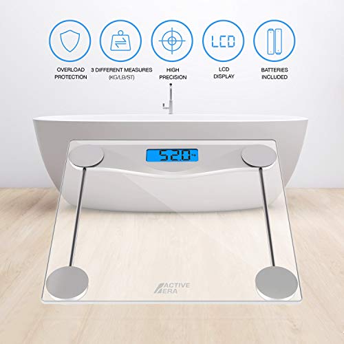 Active Era™ Báscula de Baño Digital Ultrafina con Sensores de Alta Precisión y Vidrio Templado (stones/kgs/libras)