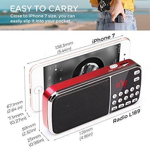 [Actualizado] PRUNUS J-189 Am/FM Radio Portatil Pequeña, Radio Bluetooth con Doble de Altavoces Graves Profundos, Reproductor de TF/USB/AUX / MP3, Linterna LED, con Pilas Recargables (Rojo)