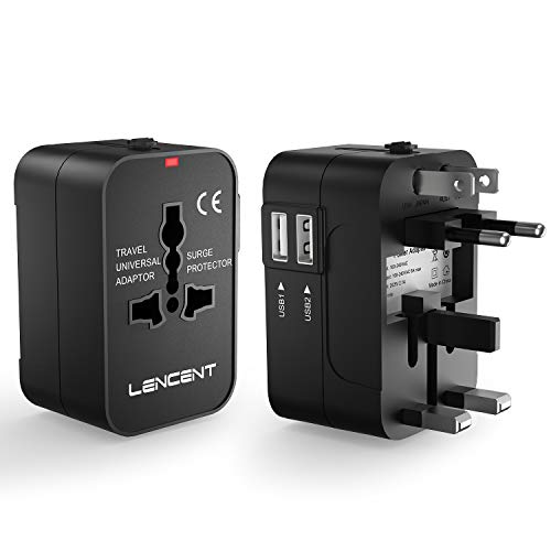 Adaptador de Viaje Universal, LENCENT Enchufe Adaptador Internacional inglés/eeuu/EU/AUS con 2 Puertos USB para más de 150 Países para Ordenadores Portátiles, Teléfonos, Tabletas, Cámara y más.