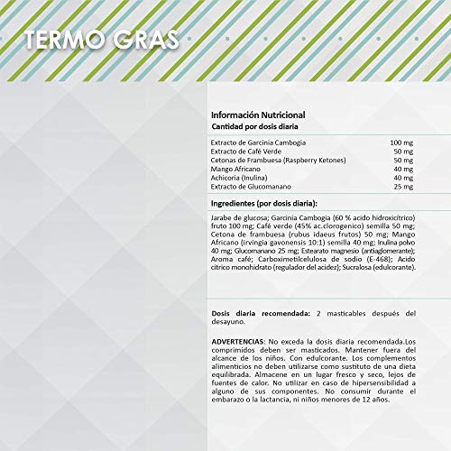 Adelgazante + quemagrasas + supresor del apetito | Con garcinia cambogia, glucomanano, cetonas de frambuesa, mango africano, achicoria y café verde | Potente termogénico | 60 comprimidos masticables