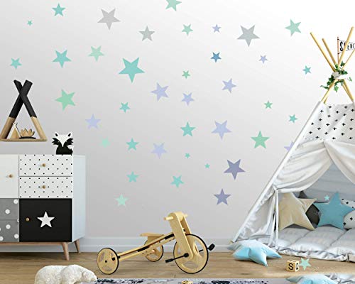 Adhesivo de pared de 50 estrellas para la habitación de los niños - colores pastel, cielo estrellado de bebé para pegar en la decoración de la pared de adhesivo de pared, turquesa