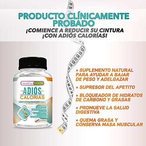 ADIÓS CALORÍAS Carb & Fat Blocker | Potente Bloqueador 2 en 1 de Carbohidratos y Grasas | Adelgazante Efectivo | Adelgaza con Menos Restricciones | El Bloqueador más Potente del Mercado | 60 Cápsulas