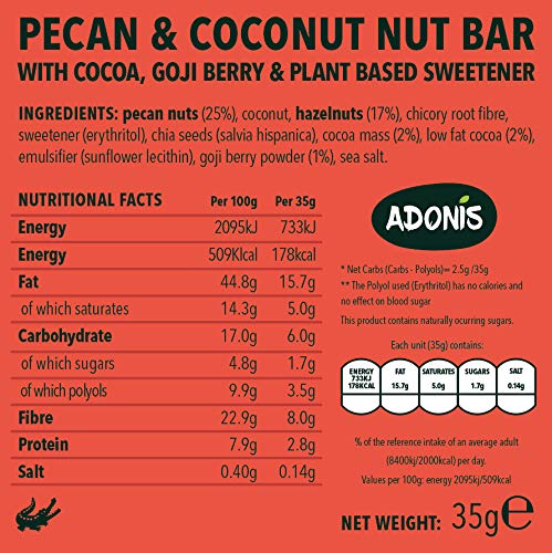 Adonis Low Sugar Nut Bar - Barritas de Pacanas Crujiente Sabor de Cocoa | 100% Natural, Baja en Carbohidratos, Sin Gluten, Vegano, Paleo, Keto (16)