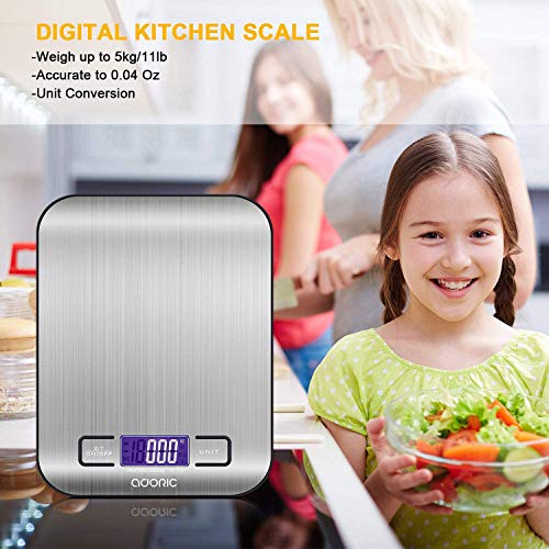 ADORIC Báscula Digital para Cocina de Acero Inoxidable, 5kg / 11 lbs, Balanza de Alimentos Multifuncional, Peso de Cocina, Color Plata (Baterías Incluidas) ADORIC Báscula Digital para Cocina de Acero Inoxidable, 5kg / 11 lbs, Balanza de Alimentos Multifuncional, Peso de Cocina, Color Plata (Baterías Incluidas)