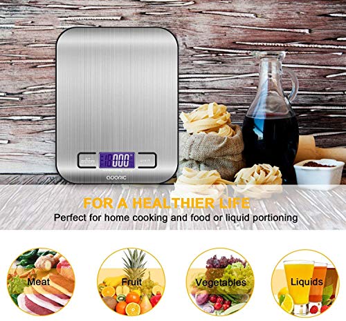 ADORIC Báscula Digital para Cocina de Acero Inoxidable, 5kg / 11 lbs, Balanza de Alimentos Multifuncional, Peso de Cocina, Color Plata (Baterías Incluidas)