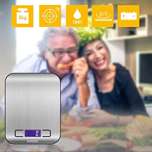 ADORIC Báscula Digital para Cocina de Acero Inoxidable, 5kg / 11 lbs, Balanza de Alimentos Multifuncional, Peso de Cocina, Color Plata (Baterías Incluidas) ADORIC Báscula Digital para Cocina de Acero Inoxidable, 5kg / 11 lbs, Balanza de Alimentos Multifuncional, Peso de Cocina, Color Plata (Baterías Incluidas)
