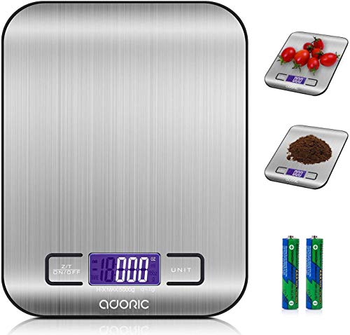 ADORIC Báscula Digital para Cocina de Acero Inoxidable, 5kg / 11 lbs, Balanza de Alimentos Multifuncional, Peso de Cocina, Color Plata (Baterías Incluidas)