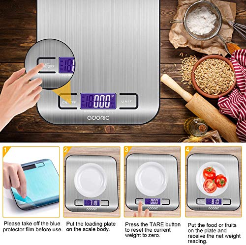 ADORIC Báscula Digital para Cocina de Acero Inoxidable, 5kg / 11 lbs, Balanza de Alimentos Multifuncional, Peso de Cocina, Color Plata (Baterías Incluidas) ADORIC Báscula Digital para Cocina de Acero Inoxidable, 5kg / 11 lbs, Balanza de Alimentos Multifuncional, Peso de Cocina, Color Plata (Baterías Incluidas)