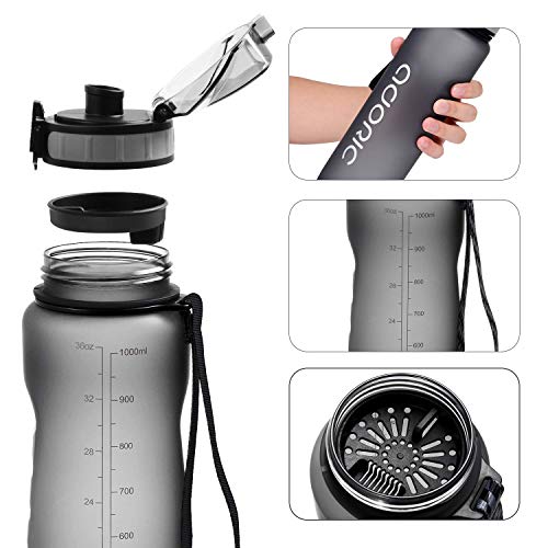 ADORIC Botella Agua Deporte Botella Agua Gimnasio Plastico con Filtro 500ml a 1000ml - No Tóxico sin BPA con Tapa Abatible (Gris 1000ml) ADORIC Botella Agua Deporte Botella Agua Gimnasio Plastico con Filtro 500ml a 1000ml - No Tóxico sin BPA con Tapa Abatible (Gris 1000ml)