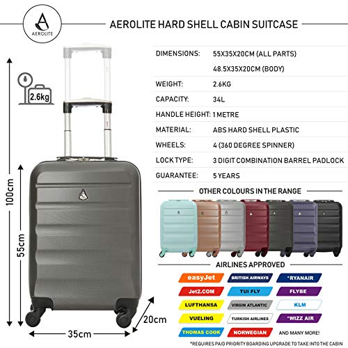 Aerolite ABS Maleta Equipaje de mano cabina rígida ligera con 4 ruedas, 55cm, Gris oscuro Aerolite ABS Maleta Equipaje de mano cabina rígida ligera con 4 ruedas, 55cm, Gris oscuro