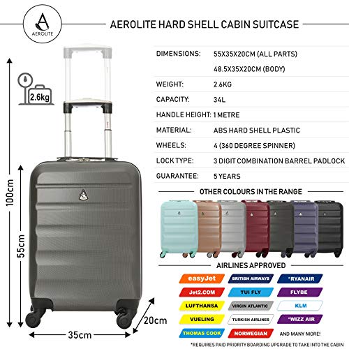 Aerolite ABS Maleta Equipaje de mano cabina rígida ligera con 4 ruedas, 55cm, Gris oscuro