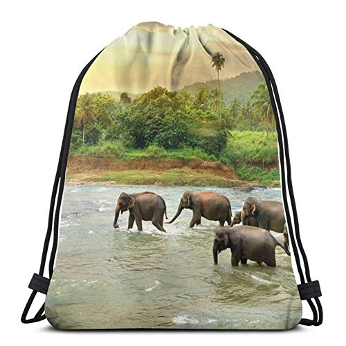 Affordable shop Elephants In River Mochila ligera con cordón para gimnasio, viajes, yoga, bolsa de hombro para senderismo, natación, playa