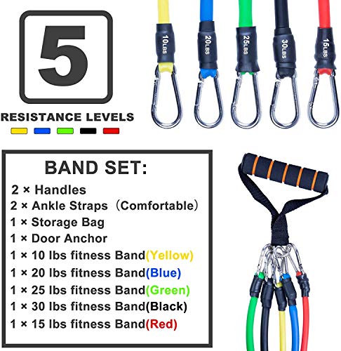 AGM Set de Bandas de Resistencia Fitness, 5 Bandas elásticas de látex con Asas, Bandas elásticas para Entrenar con Soporte de 100lbs, para Equipos de Fitness, Yoga, Pilates, Terapia física.