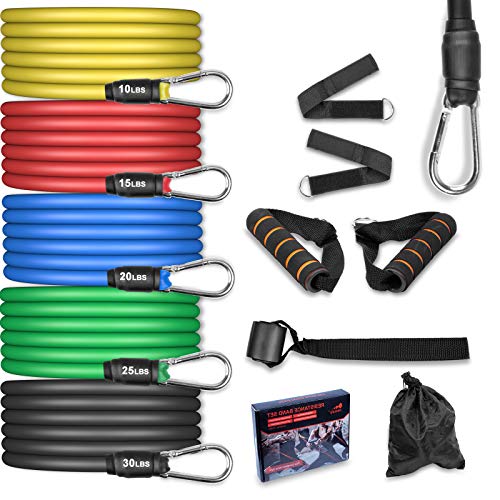 AGM Set de Bandas de Resistencia Fitness, 5 Bandas elásticas de látex con Asas, Bandas elásticas para Entrenar con Soporte de 100lbs, para Equipos de Fitness, Yoga, Pilates, Terapia física.